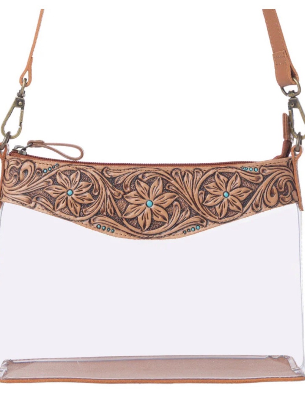 Myra Bag Clear Crossbody with Tooled Floral Trim - Brown & Turquoise